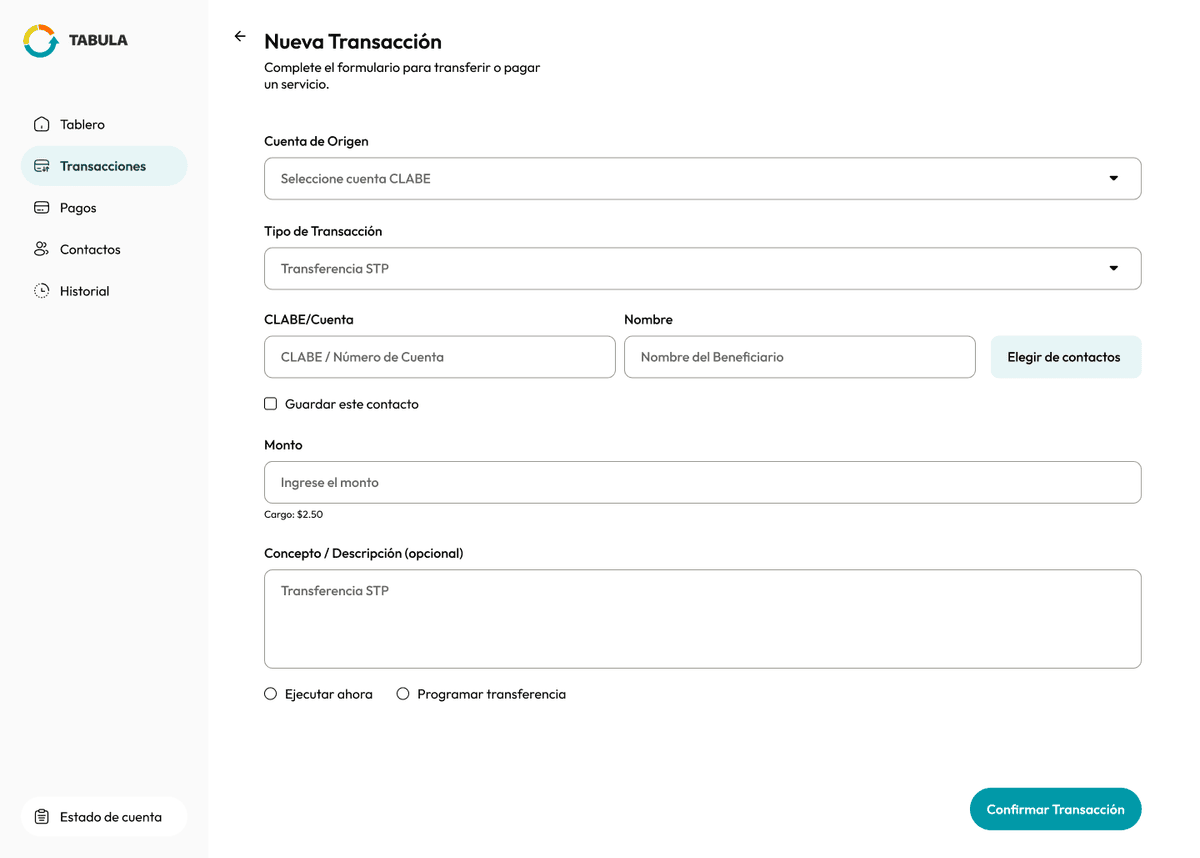 Creación de nueva transferencia